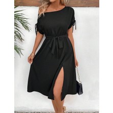 Nidam Butik Kadın Tek Omuzu Açık Kol Ucu Fiyonklu Belden Kuşaklı Yırtmaç Detaylı Viskon Elbise