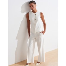 72132 Çift Bel Bantlı Pantolon-Beyaz