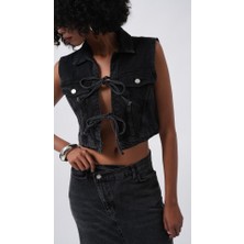 Gökyüzü Moda Bağlama Detay Denim Yelek