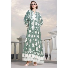 Arben Boutique 2423 Otantik Desenli Tesettür Elbise - Çağla