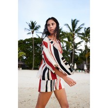 Shay Striped Etnik Desen V Yaka Oversize Kimono