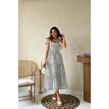 Arben Boutique Siyah Omuzdan Bağlamalı Çizgili Elbise