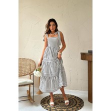 Arben Boutique Siyah Omuzdan Bağlamalı Çizgili Elbise