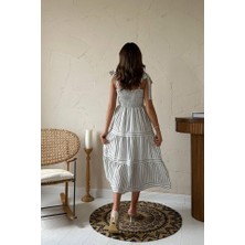 Arben Boutique Siyah Omuzdan Bağlamalı Çizgili Elbise