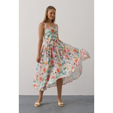 Arben Boutique Çiçek Desenli Askılı Elbise - Pembe Çiçek