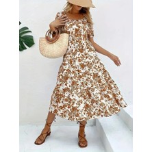 Arben Boutique Kadın Kısa Kollu Kare Yakalı Lastikli Desenli Süprem Elbise