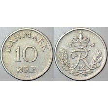 Banknoting Danimarka 10 Öre 1948 Kral 9. Frederik Dönemi. Bu Tipin Basılmaya Başlandığı Ilk Yıl.