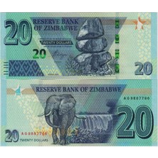 Banknoting Zimbabve 20 Dolar 2020. Zimbabwe Doları. Çil Kondisyon.