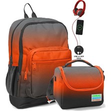 Coral High Okul Çantası ve Beslenme Çanta Seti - USB Soketli - Siyah Turuncu Gradyan Erkek Çocuk