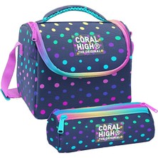 Coral High Kız Çocuk Puantiyeli Lacivert Thermo Beslenme Çantası ve Üç Bölmeli Kalemlik Seti