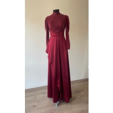 Bordo Boncuk İşlemeli Saten Tesettür Abiye Elbise 