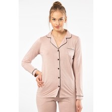 Türen 3365 Pudra Kadın Düz Uzun Kollu Gömlek Yaka Pijama Takım
