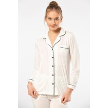 Türen 3365 Ekru Kadın Düz Uzun Kollu Gömlek Yaka Pijama Takım