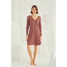 Monamise 19315 Kadın Kahve Yakası Düğmeli Dantelli Uzun Kol Gecelik