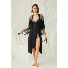 Monamise 19190 Kadın Siyah Gecelik Sabahlık Takım