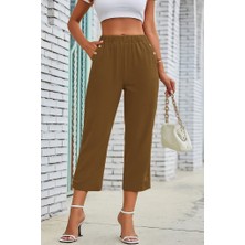 Arben Boutique Kadın Beli Lastikli Düğme ve Cep Detaylı Kapri Ithal Keten Pantolon