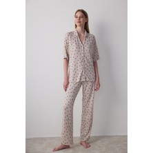 Penti Aging Collagen Floral Gömlekli Pantolon Bej Pijama Takımı