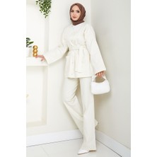 Kemerli Ceket Pantolon Gabardin Takım 1557 - Ekru