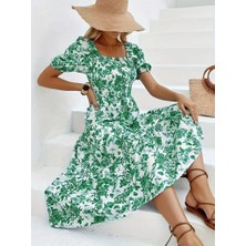 Arben Boutique Kadın Kısa Kollu Kare Yakalı Lastikli Desenli Süprem Elbise