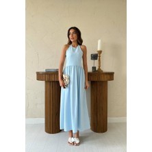 Arben Boutique Bebe Mavi Arkası Gipeli Keten Elbise