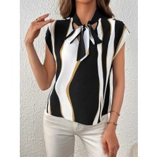 Arben Boutique Kadın Kısa Kollu Boyundan Bağlamalı Desenli Dokuma Bluz