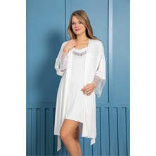 Monamise 18459 Dekolteli Yakası ve Kolu Dantelli Gecelik Sabahlık Takım