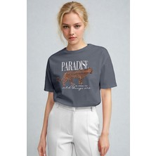 Kadın Füme Paradise Leopar Kadın Kısa Kol Relax Fit Rahat Kesim Regular T-Shirt