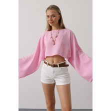 Yarasa Kollu Crop Bluz - Pembe