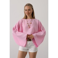 Yarasa Kollu Crop Bluz - Pembe