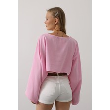 Yarasa Kollu Crop Bluz - Pembe