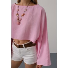 Yarasa Kollu Crop Bluz - Pembe