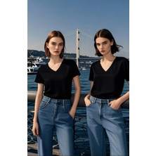 2li Kadın V Yaka T-Shirt Günlük Rahat Tişört