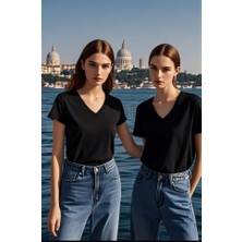 2li Kadın V Yaka T-Shirt Günlük Rahat Tişört