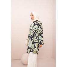Indigo-Yeşil-Kruvaze Yaka Desenli Kuşaklı Kimono