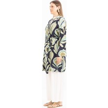 Indigo-Yeşil-Kruvaze Yaka Desenli Kuşaklı Kimono