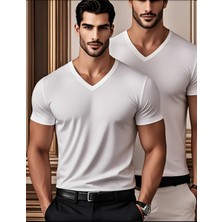 2li Beyaz Renk Erkek V Yaka T-Shirt Günlük Spor Tişört