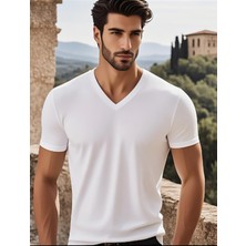 2li Beyaz Renk Erkek V Yaka T-Shirt Günlük Spor Tişört