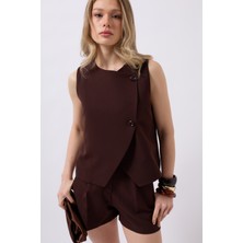 Yandan Düğmeli Dokuma Kahverengi Yelek