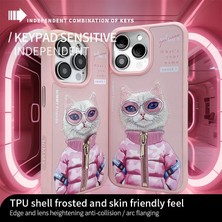 iPhone 15 3D Gerçek Nakış Işleme Kabartmalı Kedi Fermuar Mont Gözlük Detaylı Cool Glasses 2.0 White Rich And Beauty Kılıf