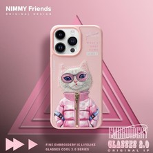 iPhone 15 3D Gerçek Nakış Işleme Kabartmalı Kedi Fermuar Mont Gözlük Detaylı Cool Glasses 2.0 White Rich And Beauty Kılıf