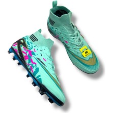 Çoraplı Unisex Krampon Halısaha & Çimsaha Ayakkabı Su Yeşili Turkuaz Desenli