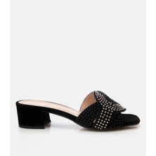 Hotiç Kadın Süet Deri Siyah Taşlı Topuklu Terlik