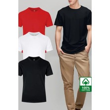 Tarz Cool Beyaz Siyah Kırmızı  3'lü Basic Bisiklet Yaka T-Shirt