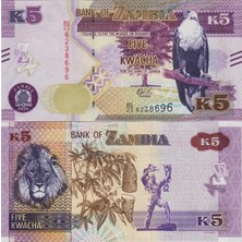 Banknoting Zambiya 5 Kwacha 2022. Zambia. Çil Kondisyon.