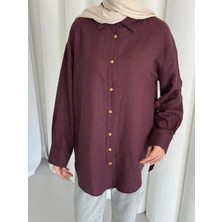 Merwish Düğme Keten Gömlek-Bordo 1362