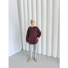Merwish Düğme Keten Gömlek-Bordo 1362