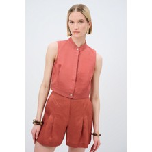 adL Pileli Keten Crop Bluz