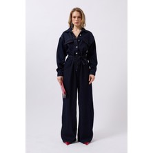 Düğme Detaylı Denim Lacivert Tulum