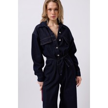 Düğme Detaylı Denim Lacivert Tulum
