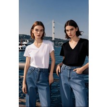 2li Siyah Beyaz Renk Kadın V Yaka T-Shirt Günlük Rahat Tişört